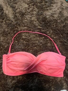 Coral Pink Bikini Twist-Front Bandeau with Removable Strap